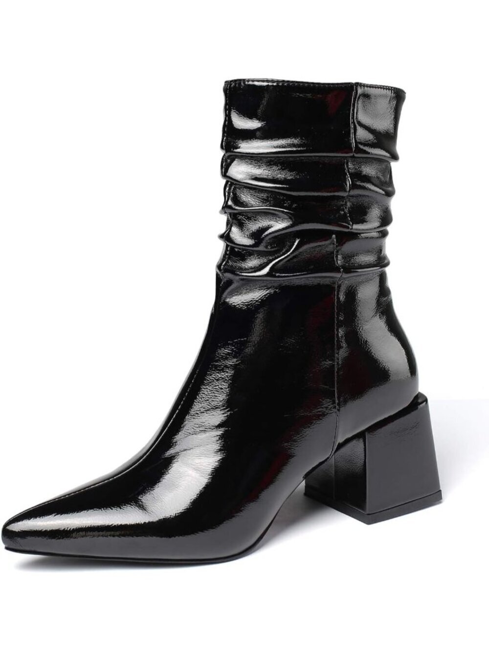 Women's Black Leather Mid Calf Boots Chunky Block Heel Pointed Toe Ankle Boot